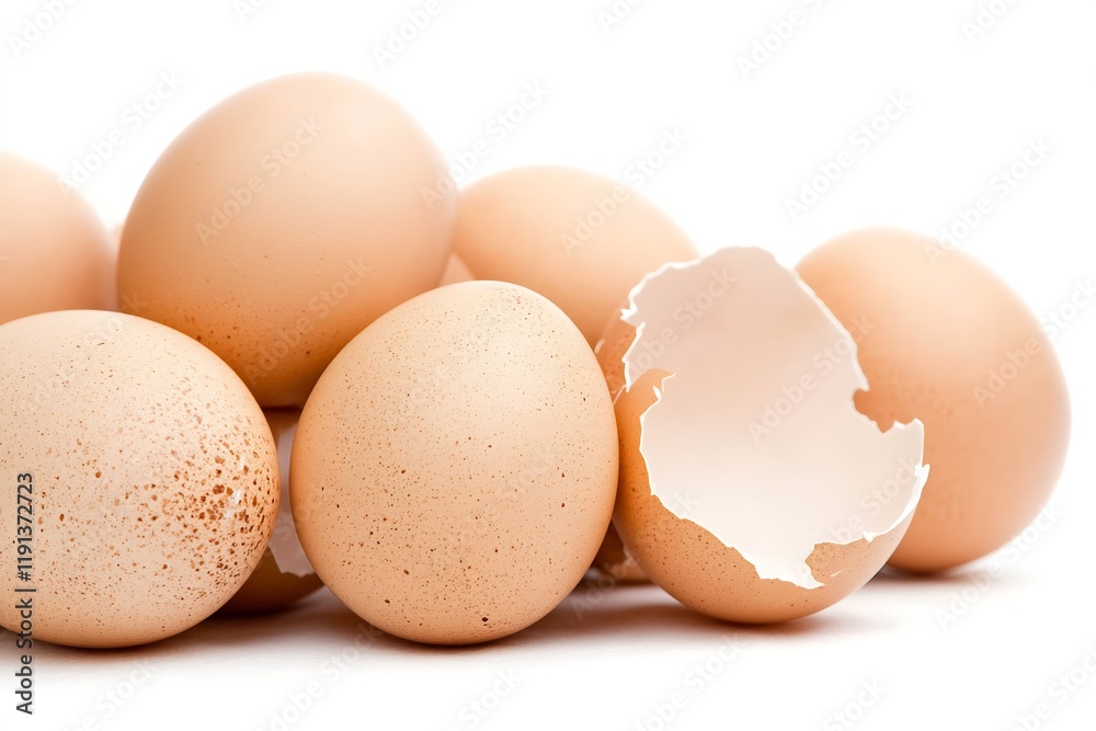 Fresh Organic Brown Eggs with Broken Shell on White Background for Cooking : Generative AI Fresh Organic Brown Eggs with Broken Shell on White Background for Cooking : Generative AI