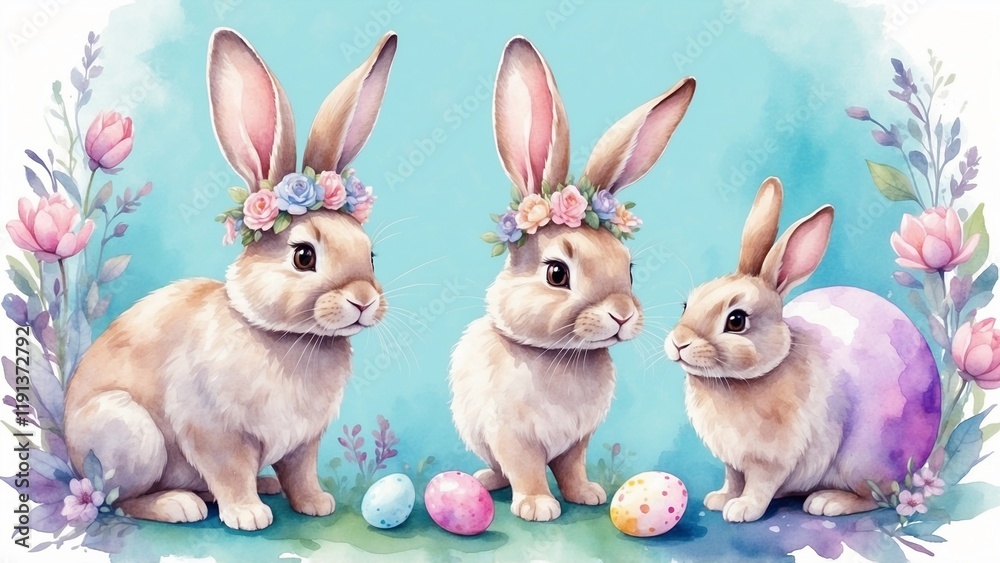 Fototapeta premium Three bunnies with floral crowns and pastel eggs in a bright spring scene.