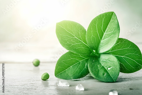 Fresh green leaves with water droplets on a light wooden surface, sunlit background, ideal for wellness or nature themes photo