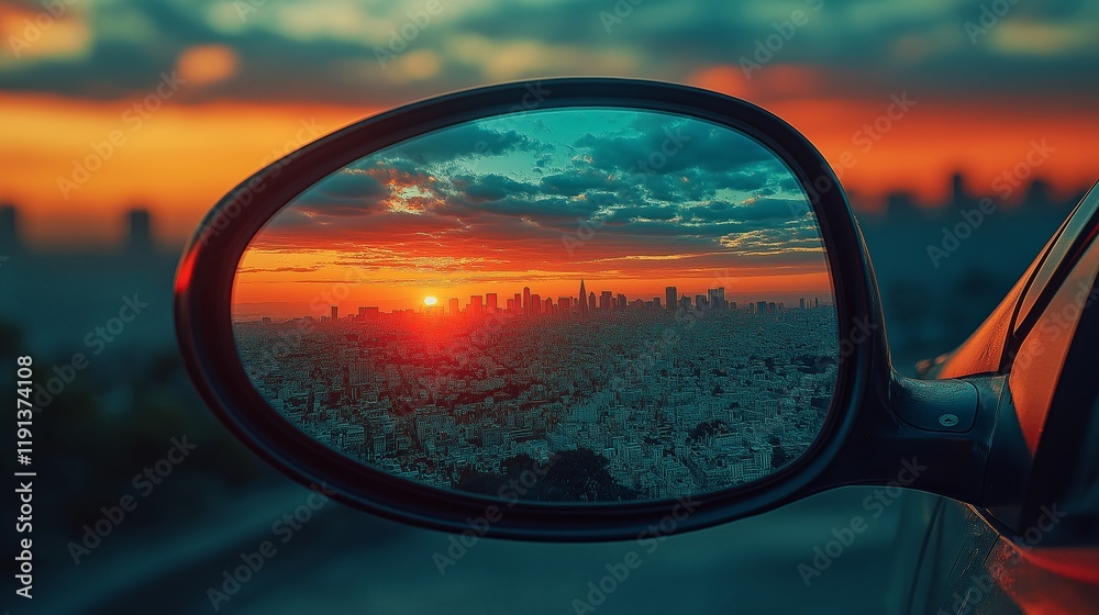 Close-up of a side mirror reflecting a vibrant sunset over a city skyline with clouds and a colorful sky Close-up of a side mirror reflecting a vibrant sunset over a city skyline with clouds and a colorful sky