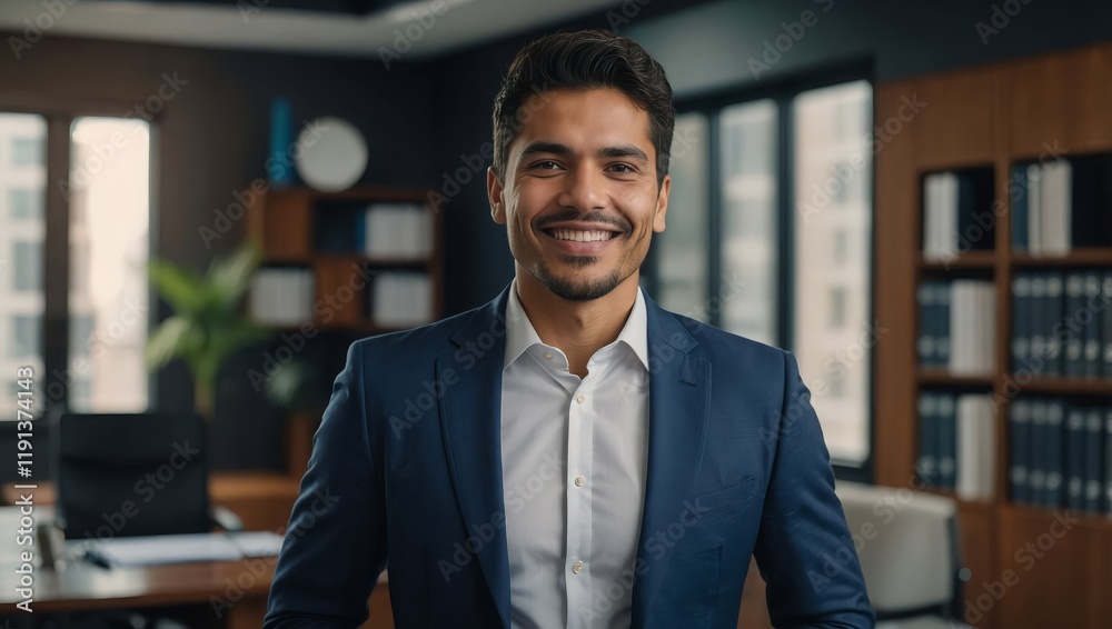 Fototapeta premium Smiling elegant confident young professional Latino Hispanic business man , male proud leader, smart Latin businessman lawyer