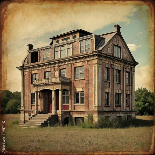 Abandoned old house in a historic city street with brick exterior and windows under a blue sky in Europe photo