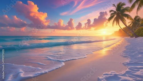 Beach Sunset with Orange Sky and Waves