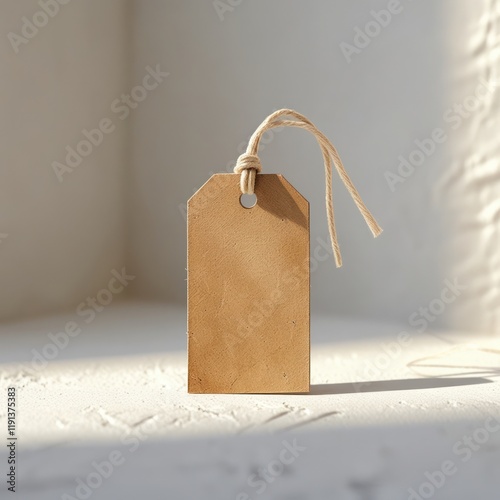A brown paper shopping bag with a blank handle sits empty on a wooden surface, ready for retail
