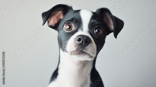 captivating boston terrier puppy portrait showcasing adorable big-eyed puppy in charming black and white pet photography close-up, emphasizing innocence and playfulness