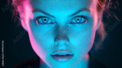 Close-up portrait of a young woman with striking blue eyes and freckles, illuminated by vibrant blue and pink lighting