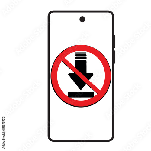 Mobile phone with forbidden download symbol on screen.