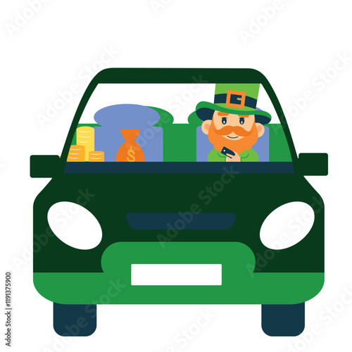 Leprechaun on a car, illustration for St. Patrick's Day