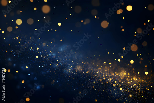 Abstract display of golden fireworks with a dark blue bokeh background, sparkling trails, and space for celebratory text