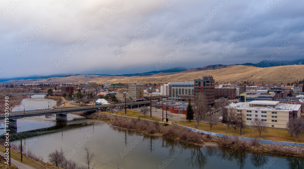 Aerial view of Missoula, Montana in December