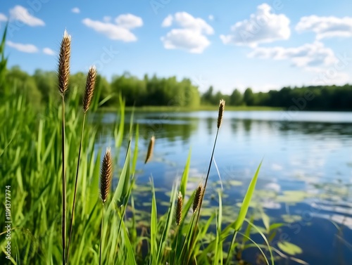 Scenic lake view with reeds and blue sky capturing nature's tranquility : Generative AI photo