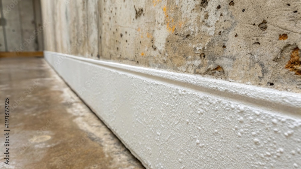 A closeup image focusing on the fine detail of painted drywall showcasing its even sheen right beside a portion of rough concrete textured with stains and abrasions illustrating A closeup image focusing on the fine detail of painted drywall showcasing its even sheen right beside a portion of rough concrete textured with stains and abrasions illustrating