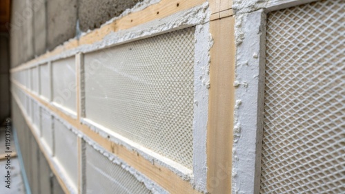 A closeup look at the seams of drywall covered with mesh tape and joint compound showing the layered process of finishing before painting highlighting the craftsmanship involved.