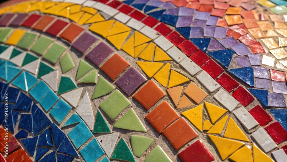 Fototapeta premium A closeup of a colorful mosaic of ceramic tiles each piece glinting with a unique hue the glossy surfaces reflecting light in various angles creating a dynamic pattern that