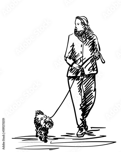 Young woman walking small dog on a leash, Hand drawn illustration, Vector sketch