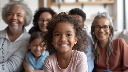 Joyful family selfie at home, showcasing love and togetherness among parents, children, and grandparents, capturing happy memories for sharing online