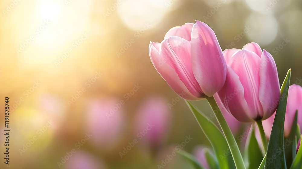 Obraz premium Serene Pink Tulips Bathed in Golden Morning Sunlight Capturing the Essence of Springtime Beauty : Generative AI