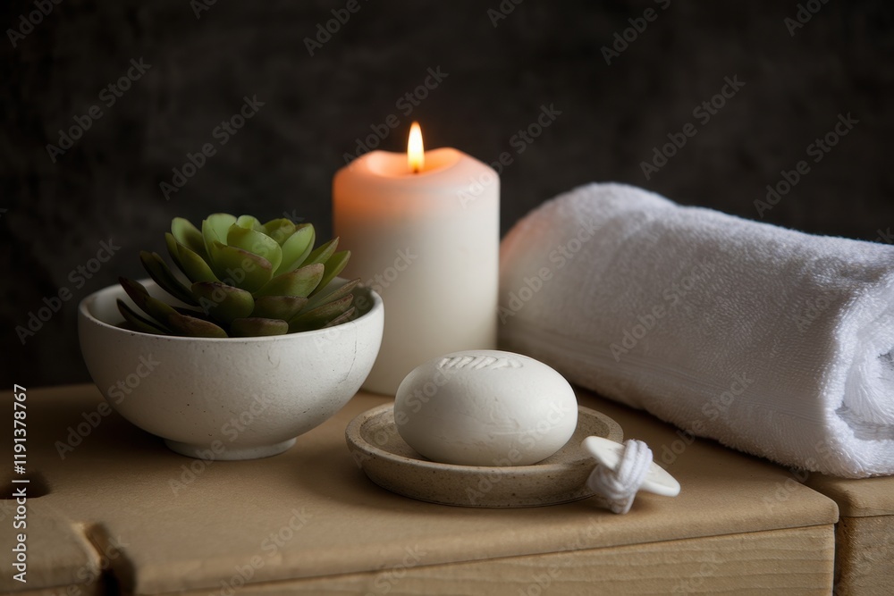 Serene Spa Setting with Candle Succulent and Soap Serene Spa Setting with Candle Succulent and Soap