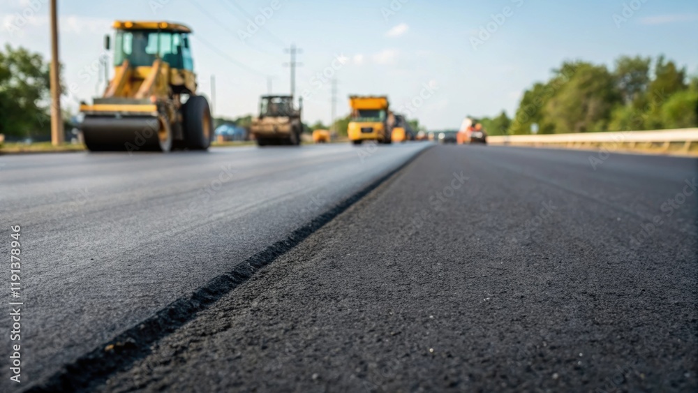 A closeup of a freshly laid road with construction vehicles in the background representing transportation development and its crucial role in enhancing local commerce and