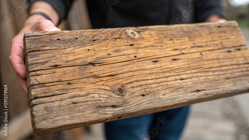 A closeup of a hand holding a piece of reclaimed wood its rich texture and grain telling stories of its past as it is prepared for reintegration into the buildings structure.