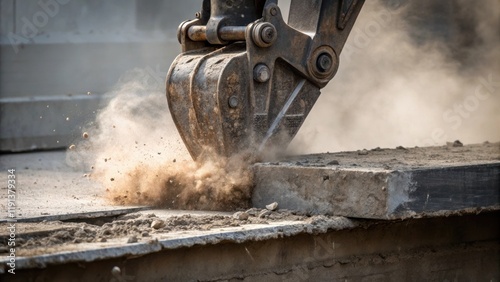 A closeup of a heavy machinery claw grasping the edge of a concrete slab with dust plumes erupting around it as it slowly pulls down a section of the structure. photo