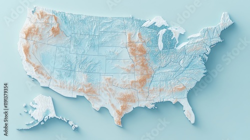 Relief map of the United States showcasing topographical features and elevations depicting landforms across various regions including mountains and plains