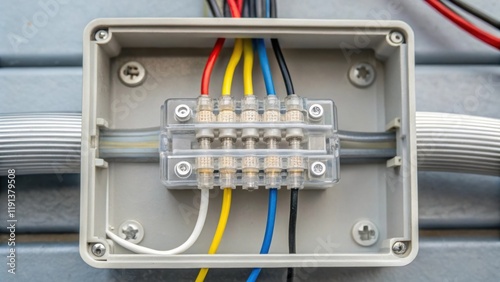 A closeup of a junction box showing wires entering and exiting from different sides with clear plastic connectors and grounding points visibly secured in place. photo