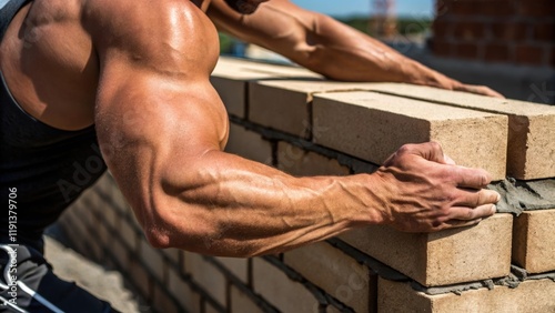 A closeup of a masons forearm displaying the muscle and endurance required as he confidently levels the last brick of a row sweat glistening under the sun.