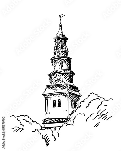 Church tower behind trees, Baroque style architectural vector sketch, Old religious building detail, Köping church hand drawn illustration, Sweden