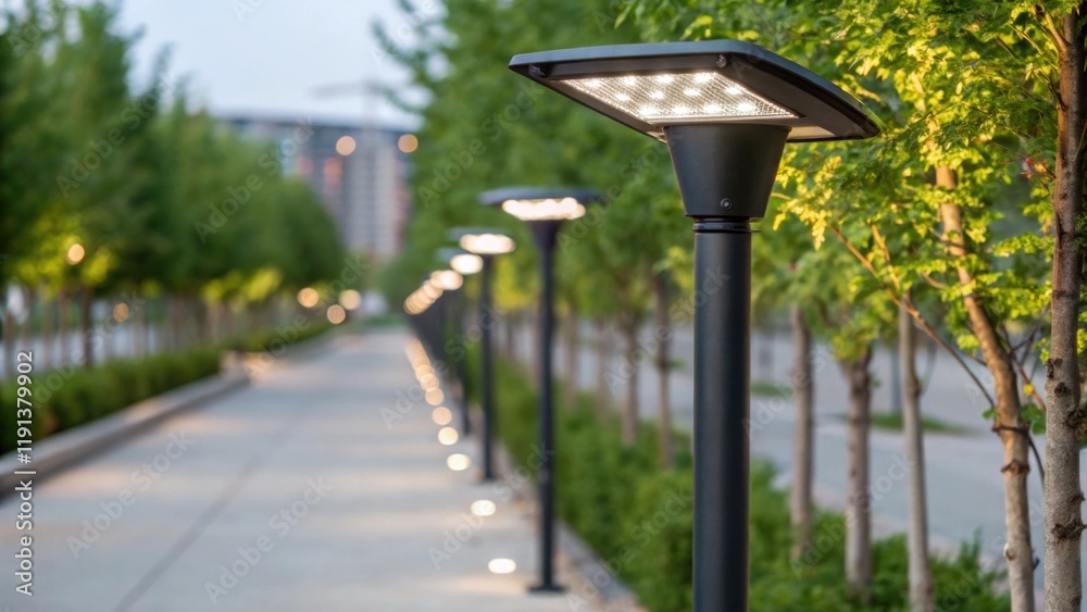 A closeup of a newly installed energyefficient LED streetlight illuminating a pathway lined with newly planted trees emphasizing environmental sustainability in urban renewal A closeup of a newly installed energyefficient LED streetlight illuminating a pathway lined with newly planted trees emphasizing environmental sustainability in urban renewal