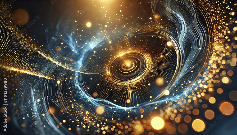 Abstract dark blue and gold particle background with Christmas golden light bokeh, shining particles on navy blue, gold foil texture, festive holiday concept. Generative AI. Abstract dark blue and gold particle background with Christmas golden light bokeh, shining particles on navy blue, gold foil texture, festive holiday concept. Generative AI.