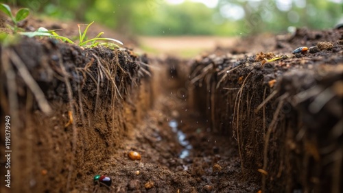 A closeup of an open trench glistening with rainwater revealing layers of earth and roots where vibrant beetles and other small insects struggle within a disrupted habitat.
