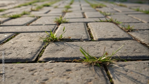 A closeup of a pavement stone highlighting the wear patterns and smoothness developed over time with small weeds pushing through the joints symbolizing nature reclaiming its photo