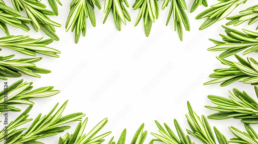Fresh rosemary sprigs frame a white background; ideal for culinary or herbal recipe websites Fresh rosemary sprigs frame a white background; ideal for culinary or herbal recipe websites