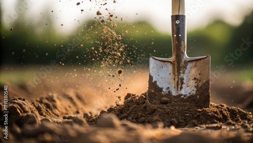 A closeup of a shovel breaking ground with clumps of dirt flying showcasing the initial disruption of the landscape and the beginning of the construction journey. photo