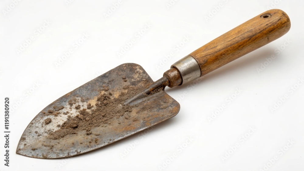 A closeup of a trowel the soilstained metal blade showing a variety of scratches with the wooden handle weathered and polished from decades of planting and digging. A closeup of a trowel the soilstained metal blade showing a variety of scratches with the wooden handle weathered and polished from decades of planting and digging.