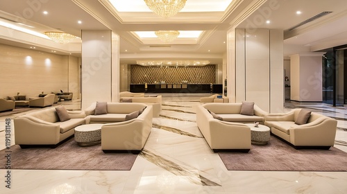 Elegant Hotel Lobby with Modern Chandeliers and Spacious Sitting Area   Generative AI