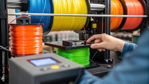 A closeup of a worker adjusting the settings on a 3D printer surrounded by large coils of filament emphasizing the technology and human interaction in modern construction. photo