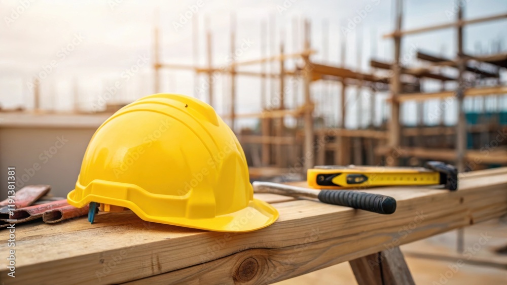 A closeup of a workers safety helmet resting on a wooden beam with construction tools and scaffolding slightly blurred in the background showcasing the work environment. A closeup of a workers safety helmet resting on a wooden beam with construction tools and scaffolding slightly blurred in the background showcasing the work environment.