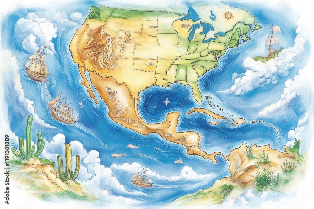 Fototapeta premium Vintage USA map depicting historical regions and oceanic routes with a nostalgic illustration style featuring ships, deserts, and natural landscapes