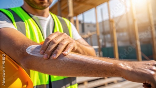 A closeup of a workers hand applying sunscreen to his arms the skin glistening under the bright sunlight as tools and an unfinished structure are blurred in the background.