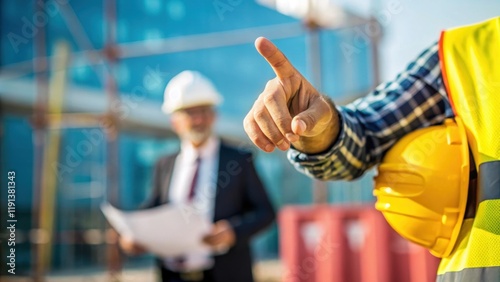 A closeup of a workers hand signals fingers pointed strategically to indicate directions with a blurred silhouette of a colleague nodding in understanding against the vibrant noise