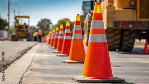 A closeup of bright safety cones positioned around the site illustrating the precautions taken to ensure worker safety and delineate areas pending work. photo