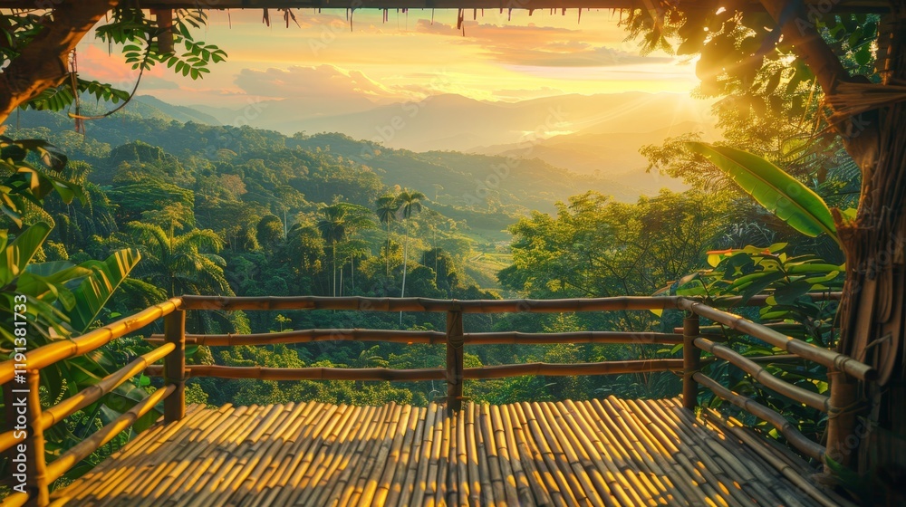 Fototapeta premium Rustic terrace with bamboo railings, tree house, and stunning jungle views under golden sunlight