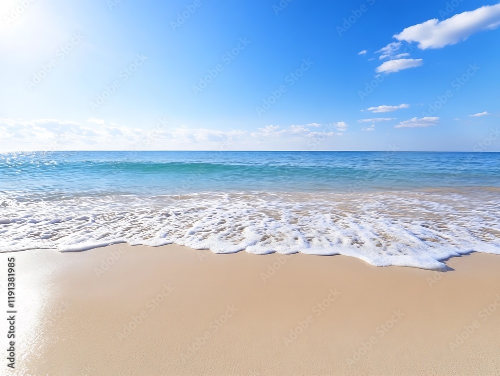 Pristine Sandy Beach with Gentle Ocean Waves Under Clear Blue Sky : Generative AI Pristine Sandy Beach with Gentle Ocean Waves Under Clear Blue Sky : Generative AI
