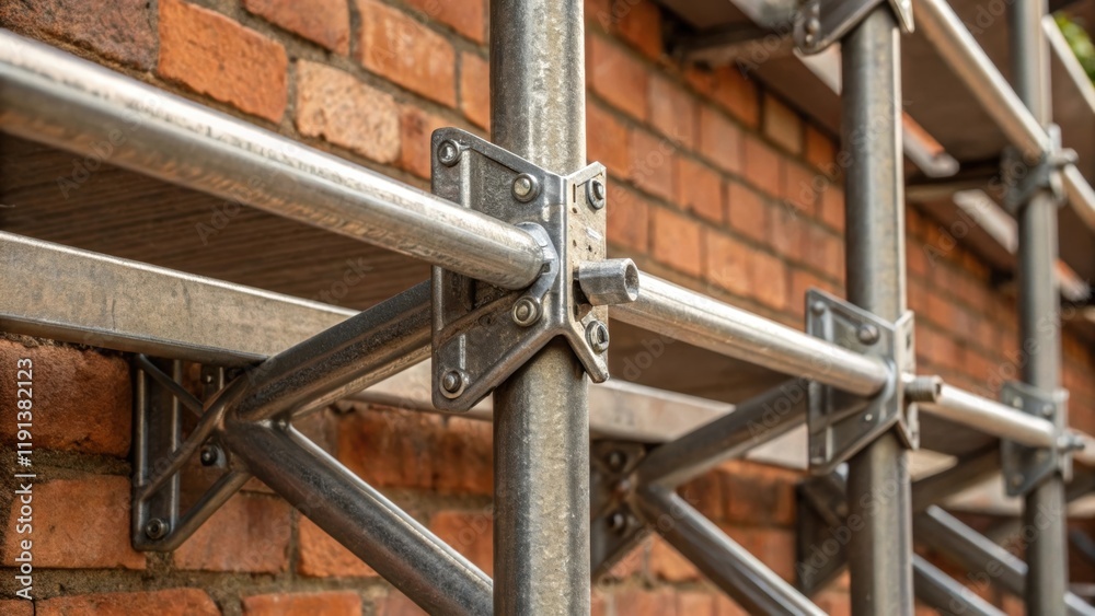 Naklejka premium A closeup of metallic scaffolding brackets juxtaposed against a backdrop of raw brick revealing a series of angular shapes and straight lines that evoke a sense of industrial