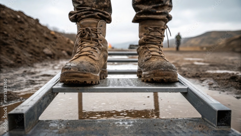 A closeup of muddy boots stepping onto a temporary platform symbolizing the crews ability to navigate physical challenges posed by adverse weather. A closeup of muddy boots stepping onto a temporary platform symbolizing the crews ability to navigate physical challenges posed by adverse weather.