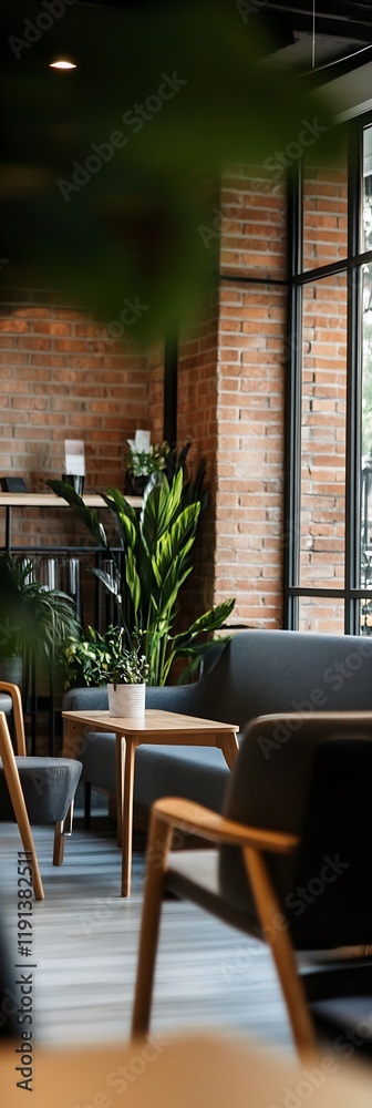 Fototapeta premium Modern Industrial Cafe Interior with Cozy Seating and Large Windows : Generative AI