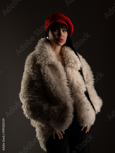 A modern, stylish, slim woman in a white fur coat, brunette with long hair, wearing a red beret. Elegant fashion photography. photo