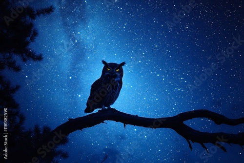 Majestic owl perched on branch under starry night sky photo